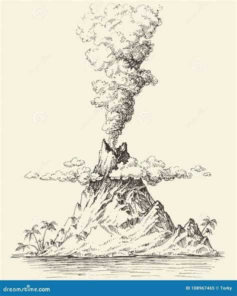 Active volcano drawing. Volcanic eruption on a island .